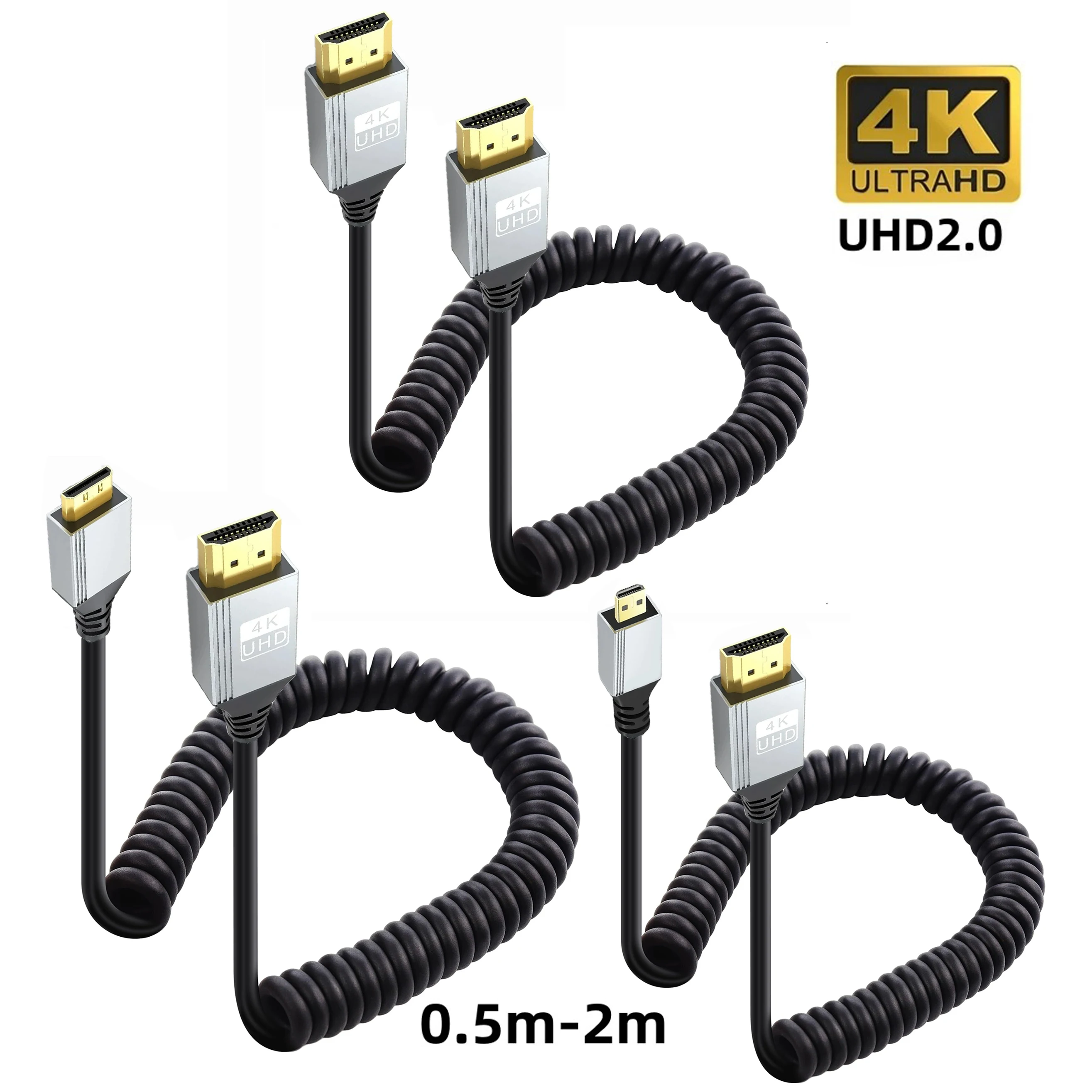 1080P 4K HDMI-compatible to Mini HDMI-compatible Micro HDMI-compatible Coiled Cable for PS5 Tablet DSLR Camera HDTV Monitor PC