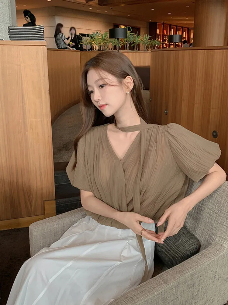 

Ele V-ne Bubble Sve irt Women's Summer Korean Sle Chic awl Casual Sweet Sle Pure Color ort Sve Top