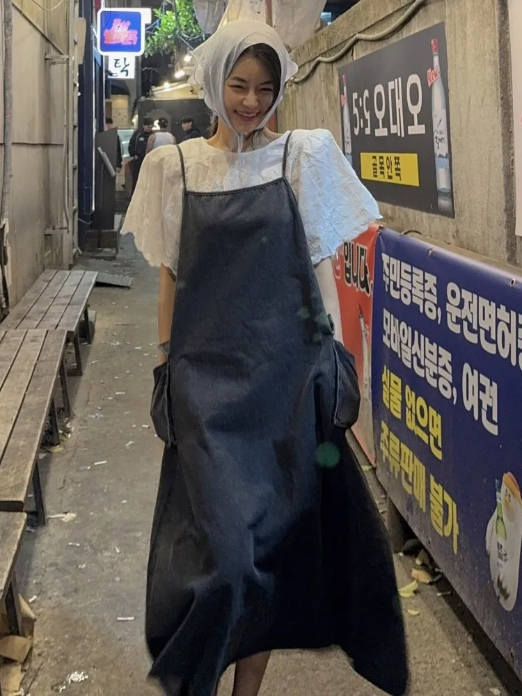 Estate New Sle Denim da donna Off-oulder Dr con Big Kets Gonna lunga a trapezio Retro Stratificazione Pendolarismo Vento Midi Dr