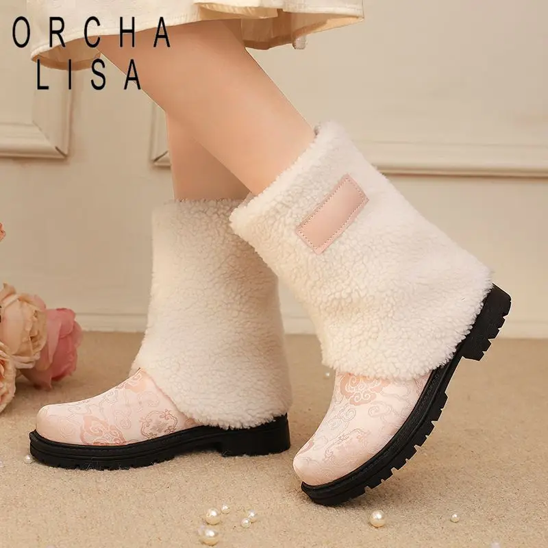 

ORCHA LISA Fashion Women Mid Calf Boots Round Toe 3cm Block Heels Slip On Non Slip Sweet Daily Warm Bota Mixed Color Pink