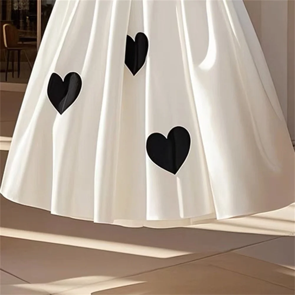 Women White A-line Maxi Skirt 2026 Summer Elegant Black Heart Print High Waist Satin Long Skirts Casual Party Ladies Streetwear