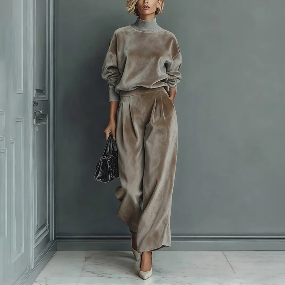 

Autumn and winter high-end fashion women's knitted long-sleeved suit commuter wide-leg pants two-piece set