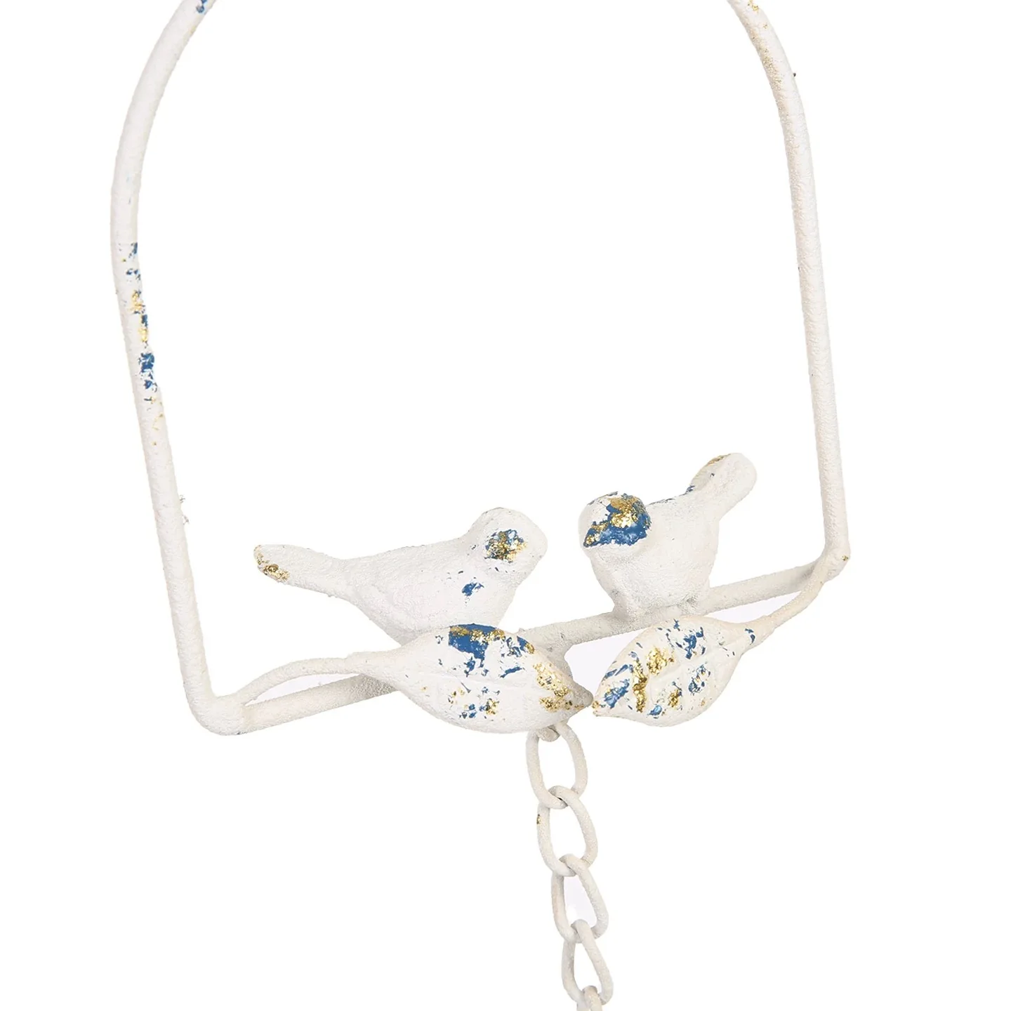 Decorative Bird Bell Wind Chime, Distressed White with Blue and Gold Accents, Metal Iron
