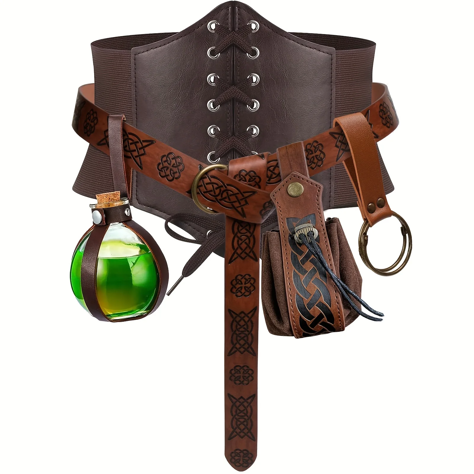 5-Piece Set of Medieval Pu Leather Belts, Drawstring Coin Purses, Magic Potion Bottles, Suitable for Role-Playing and Renaissance Festivals