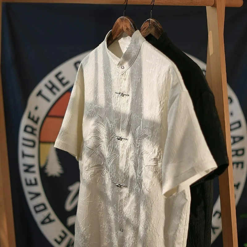 

Summer Men's ort Sve irt Large Size 250 Pou New Chinese Embroidery Stand Collar Retro k Pattern Texture Button down