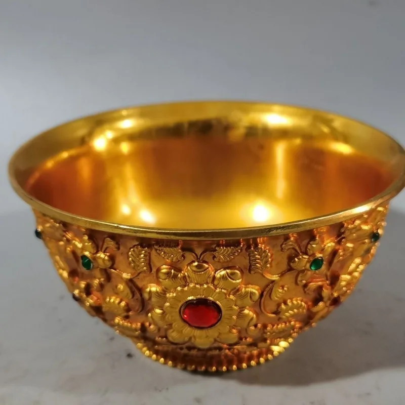 Antique Style Pure Copper Gilt Inlaid Gemstone Flower Blooming Wealth Gold Bowl Water Offering Bowl Holy Water Bowl Home Decor O