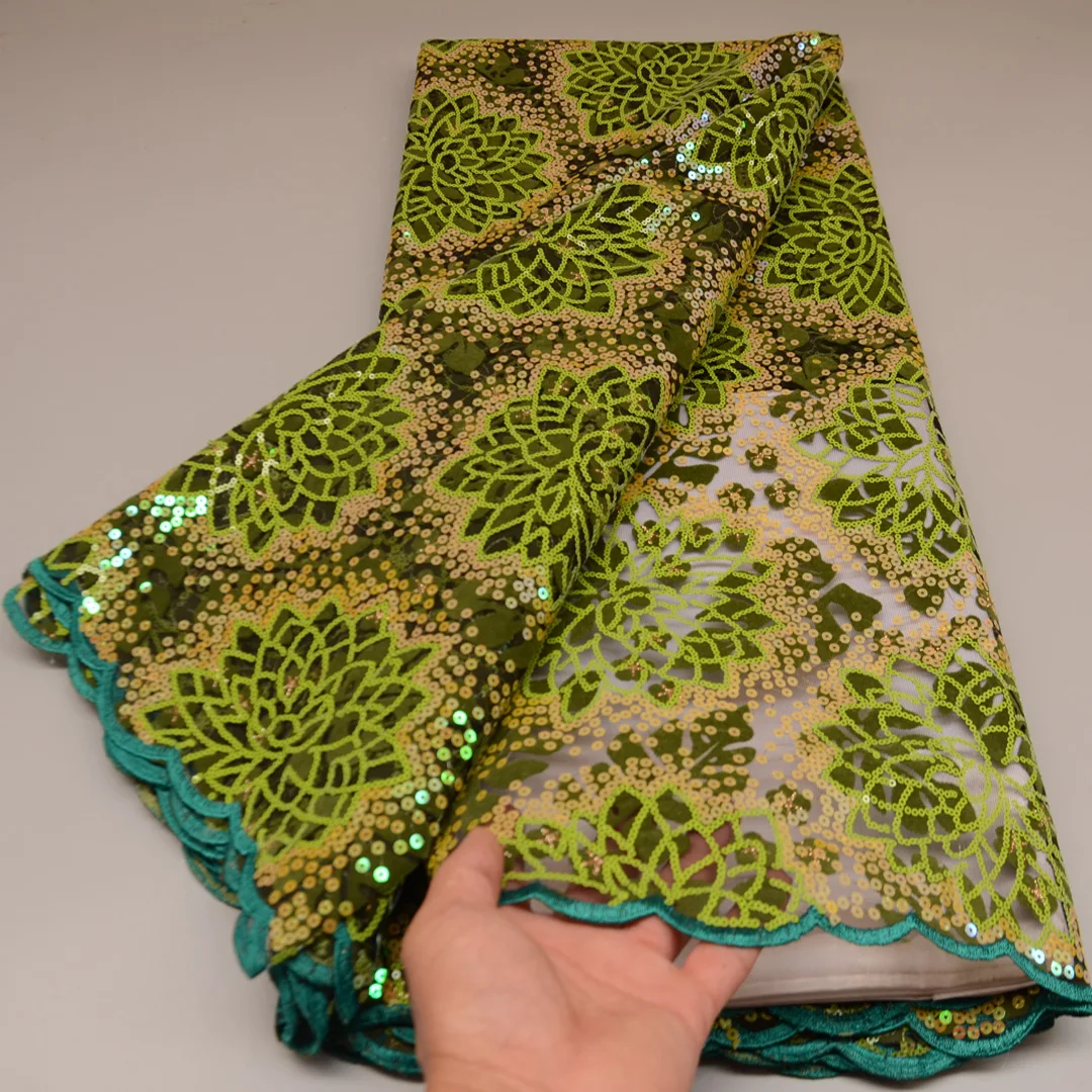 

(5yards/pc) 2022 Newest green African sequins tulle lace beautiful embroidered French net lace fabric for party dress FLP321