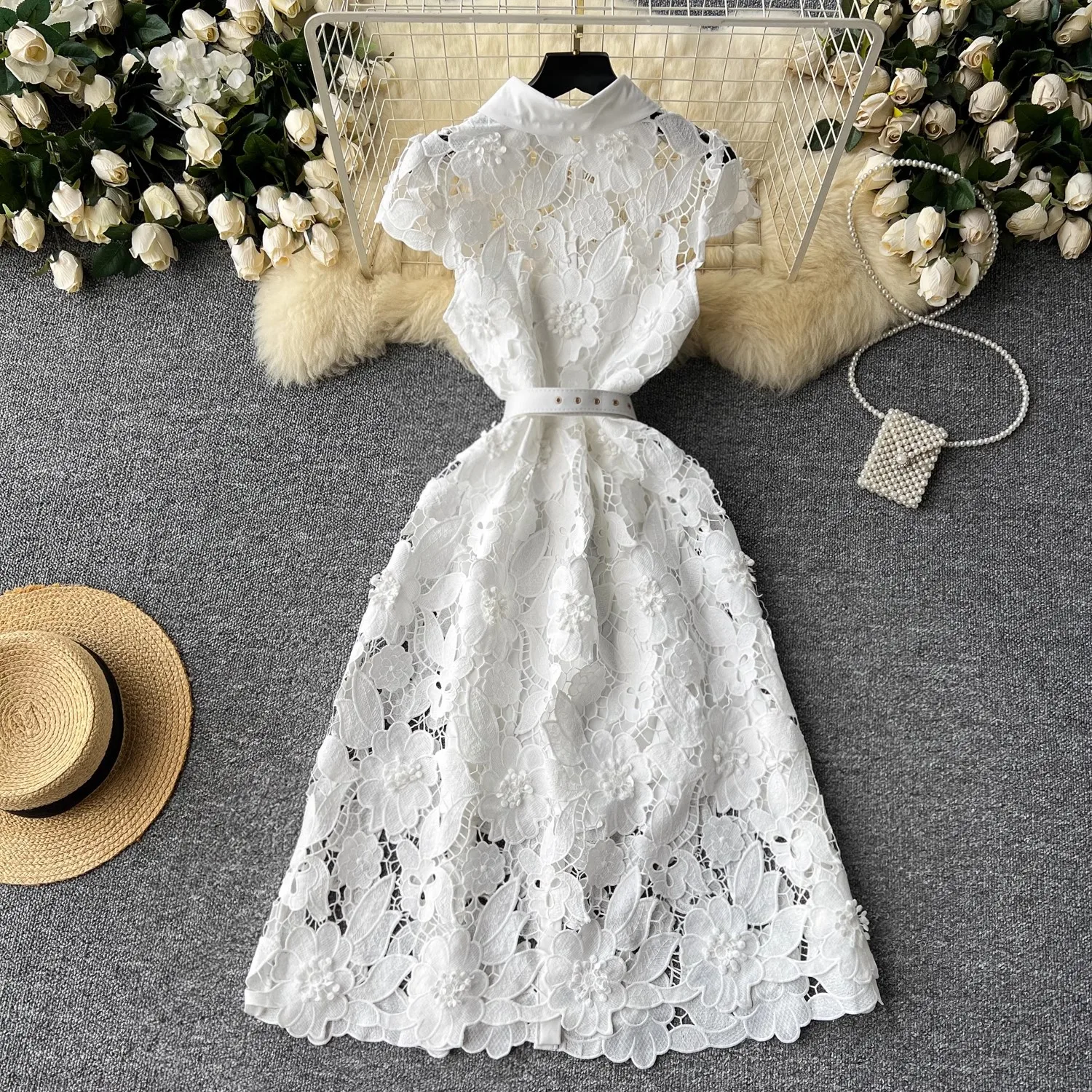 Summer Hollow Out Crochet Floral Lace Dress Women's Lapel Short Sleeve Flower Embroidery Wedding Party A Line Belt Midi Vestidos