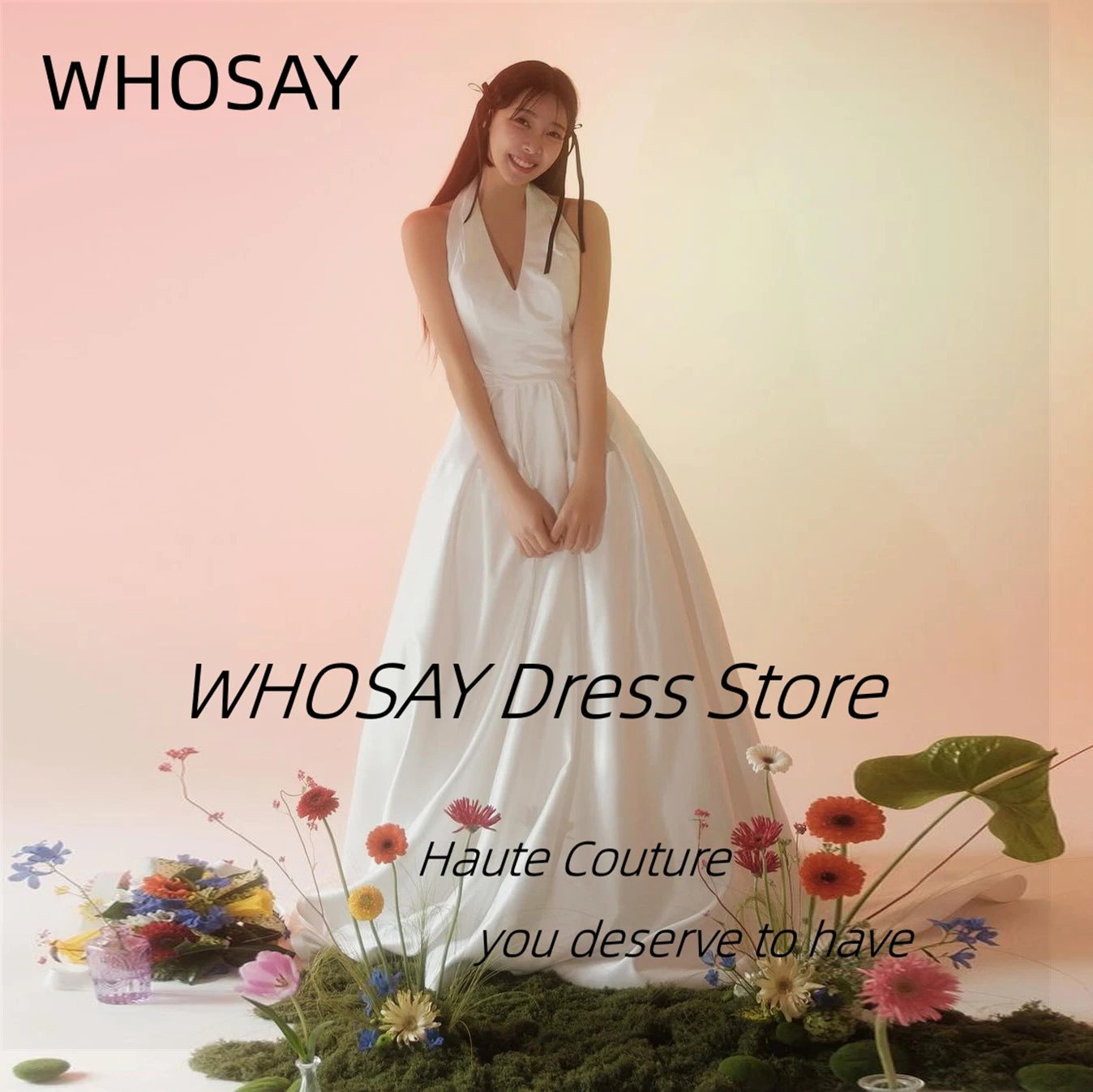 WHOSAY Satin A Line Wedding Dresses Halter Neck Sleeveless Vestidos De Fiesta Sexy Back Shoot Photos Bridal Gowns