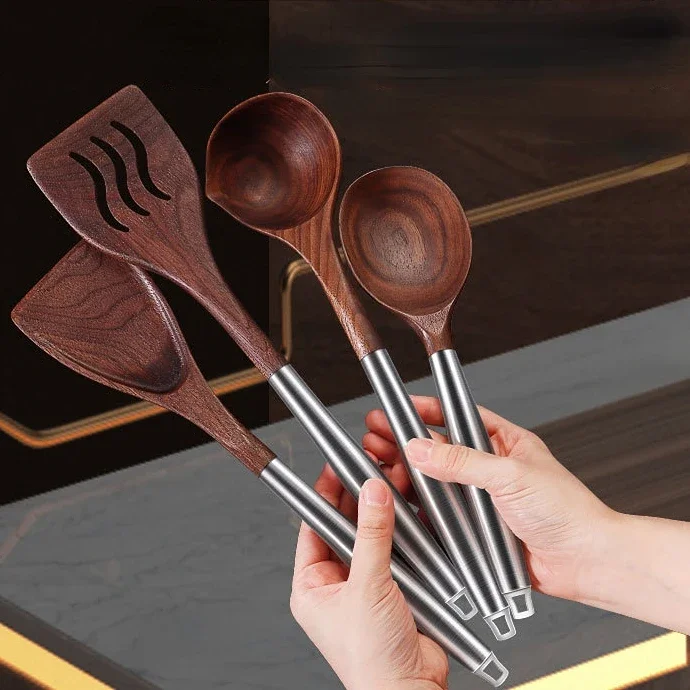 Walnut 304 Stainless Steel Kitchenware Set For Kitchen Household Kitchen Spoon Thickened Non-stick Pan Spatula Novel Accessories