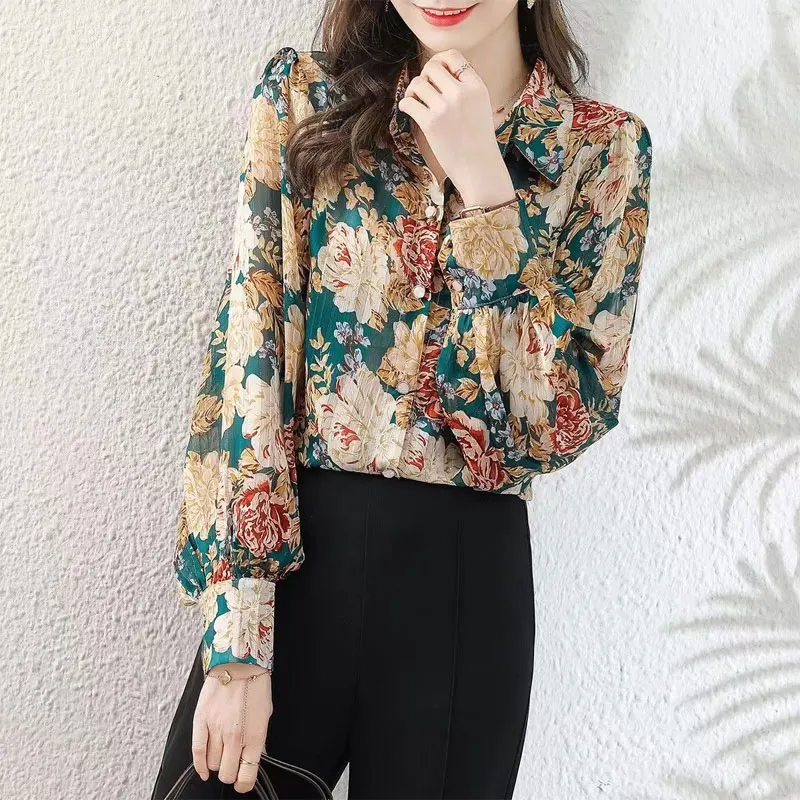 Office Lady Vintage Elegant Floral Printed Blouse Spring Autumn Single-breasted Women\'s Clothing Lapel Loose Long Sleeve Shirt