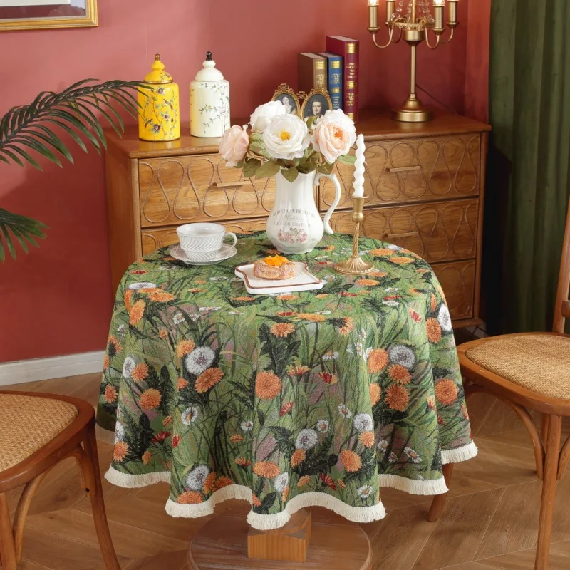

Table Cloth Round Flower Jacquard Table Cover Farmhouse Postal Style Circular Tablecloth Diameter 150cm Rustic Home Decoration