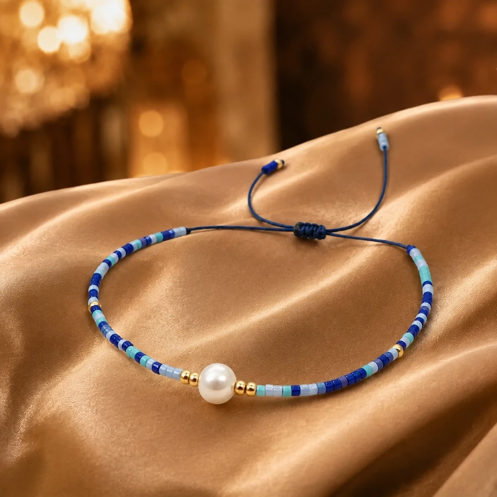 1pc Women's Bohemian Adjustable Blue and Turquoise Beaded Strand Bracelet with Round Simulated Pearl Lace-Up Closure