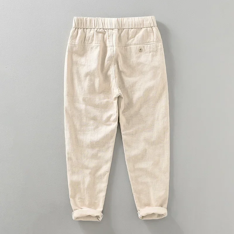 

2025 Summer New Drawstring Casual Ramie Cotton Pants for Men Clothing breathable Loose Solid Color Streetwear