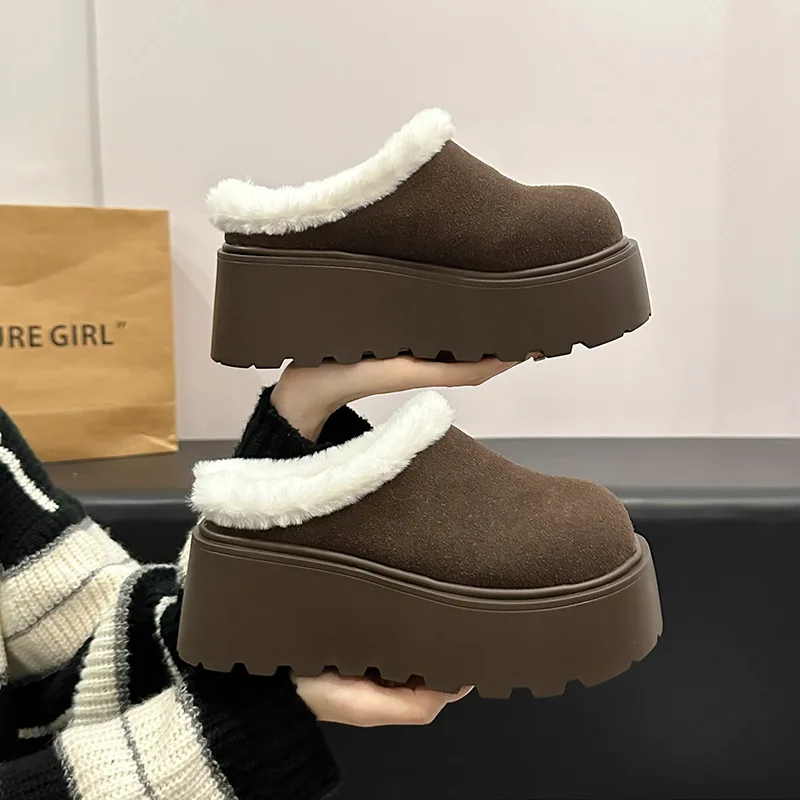 Fur Shoes Flock Cover Toe Ladies' Slippers Low Slipers Women Winter Footwear Platform Loafers Luxury Slides Plush 2024 Designer image 2