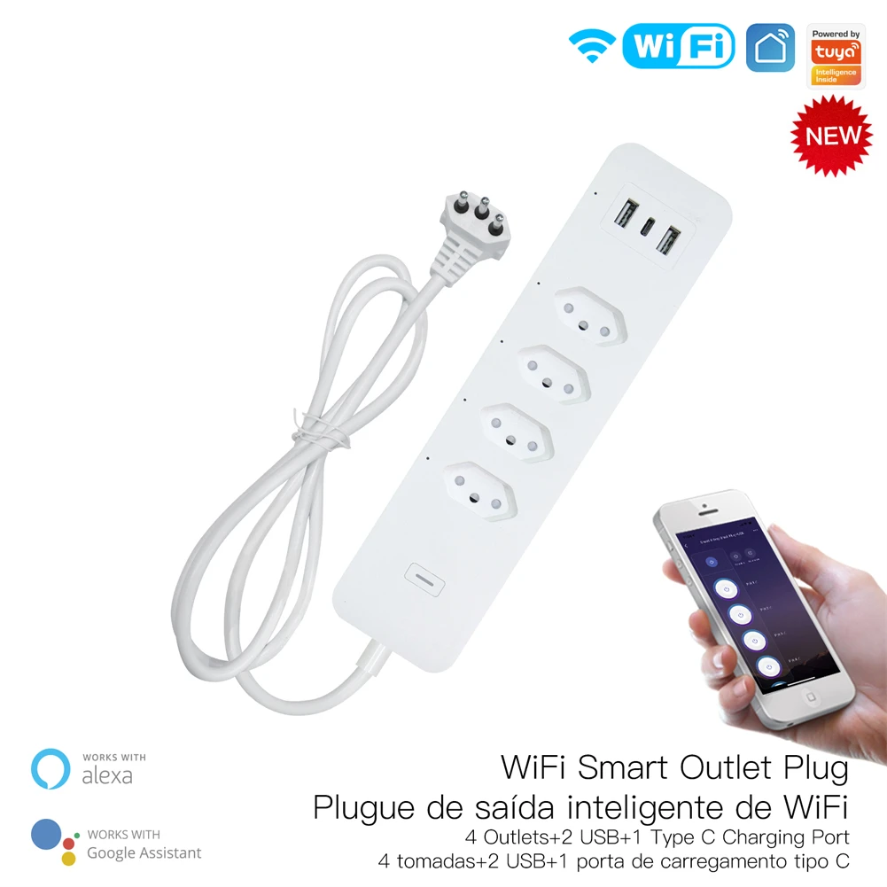 

WiFi Brazil Smart Power Strip Surge Protector 4 Brazil Plug BR Outlets Socket USB Type C Tuya App Voice Control by Alexa Google