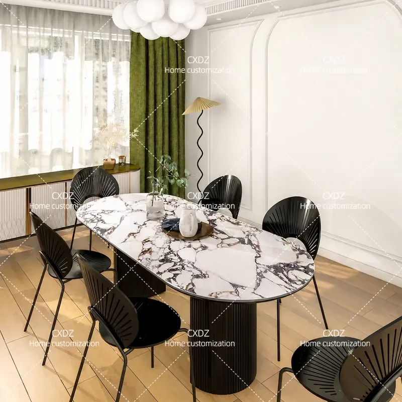 Retro Black Dining Table with Rock Slab Top and Solid Wood Base Compact Design for Small Apartments Modern Home Furniture
