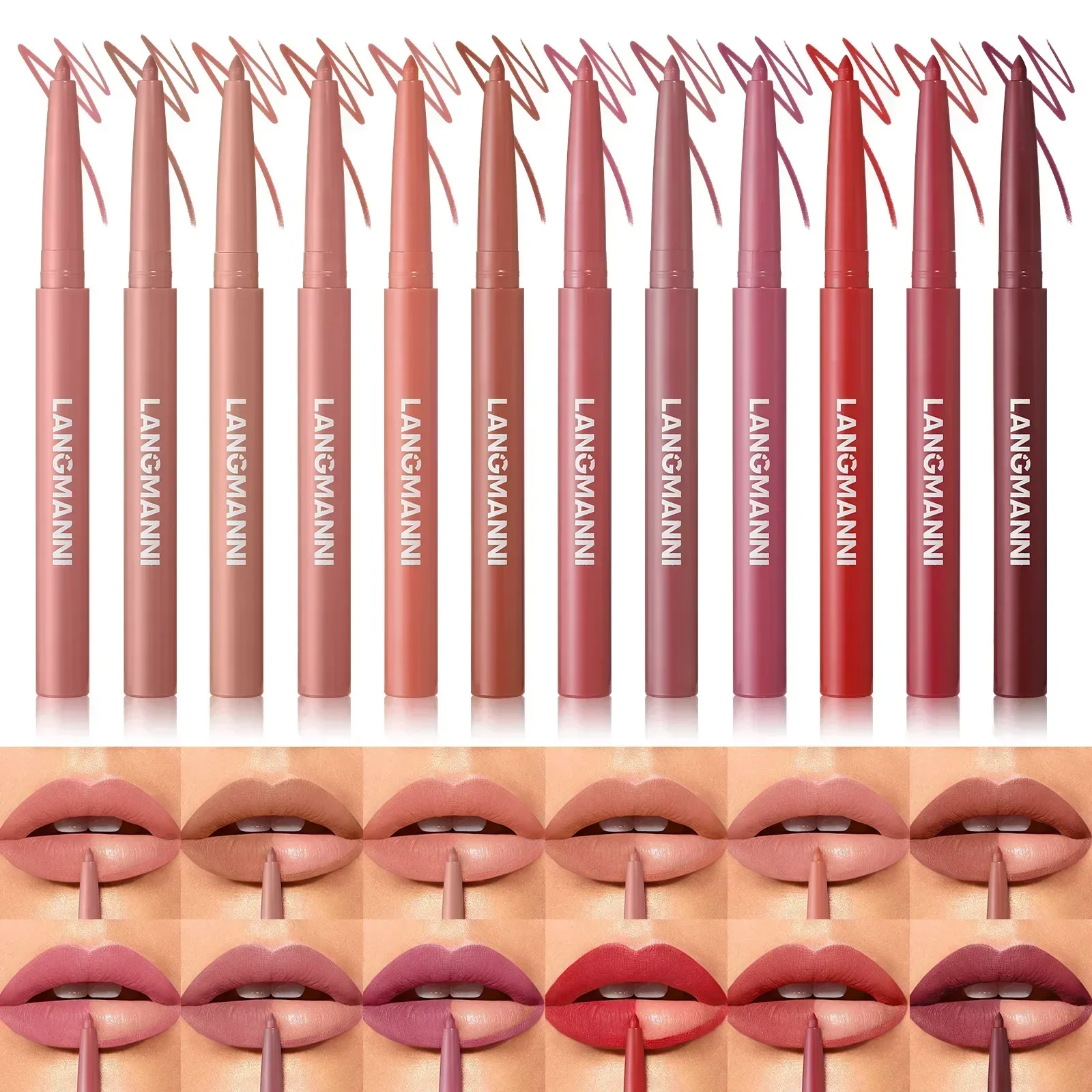 LANGMANNI Nowy 12-kolorowy konturówka do ust Jedwabisty matowy aksamitny wykończenie Szybkoschnący Wodoodporny Nieprzywierający Codzienny makijaż Profesjonalny konturówka do ust 2g