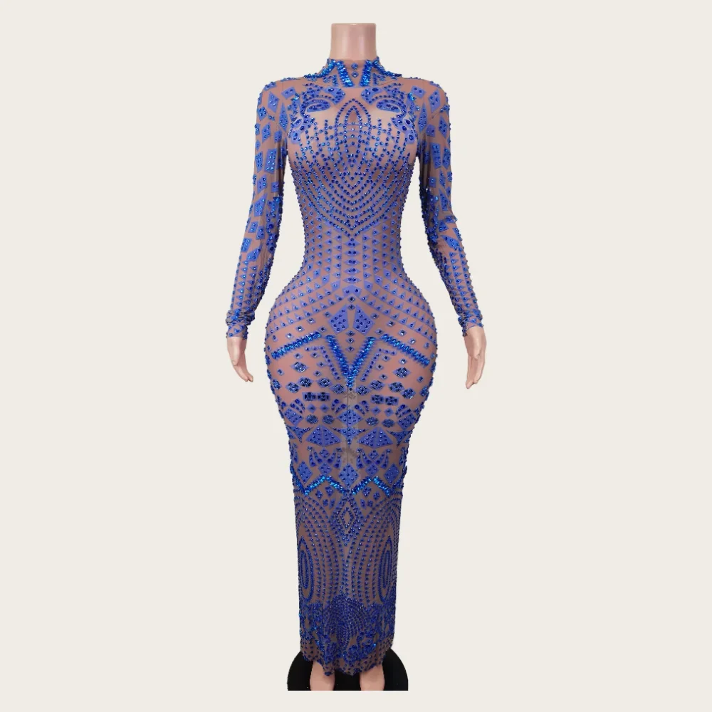 

Sexy Stage Glisten Blue Rhinestone Transparent Long Dress Evening Birthday Party Celebrate Mesh Outfit Singer Stage Show Costume