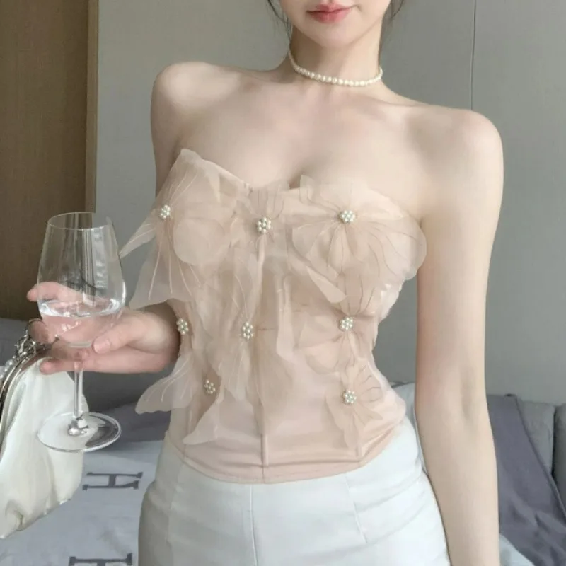 المرأة الصيف أنيق شبكة ثلاثية الأبعاد زهرة مطرز شيك قميص مثير قبالة الكتف لطيف الحلو بلوزة الإناث أكمام سليم الجنية المحاصيل القمم