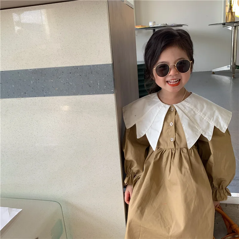 Girl Dress Spring 2024 New Retro Van Doll Pointed Collar Girl\'s Dress Long Sleeve Khaki Princess Dress Sweet Casual Dress