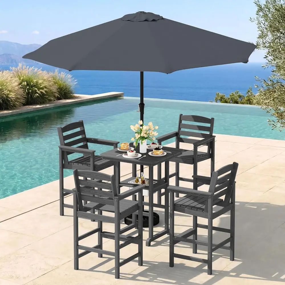 

Grey Outdoor Patio Bar Set with 2 Chairs, Table, and Umbrella for Balcony or Poolside