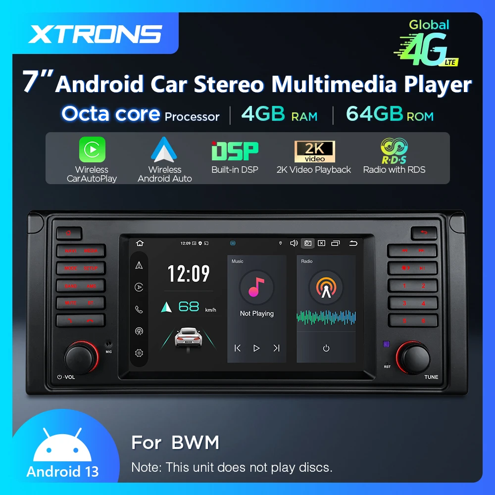 XTRONS 7'' Android 13 Octa Core 4+64GB 2K Car Radio For BMW E39 M5/ E39 Car Stereo Built-in 4G DSP CarPlay Android Auto DSP WIFI