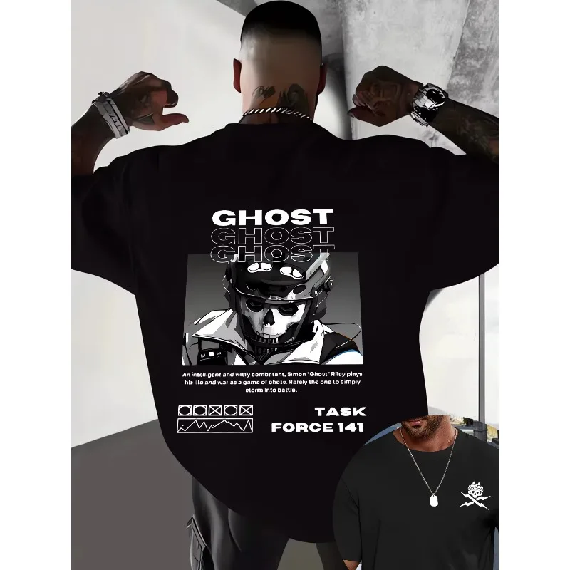 Men's Ghost Themed Oversized Short Sleeved T-shirt with Black Ghost Simon Riley Print, Suitable for All Seasons