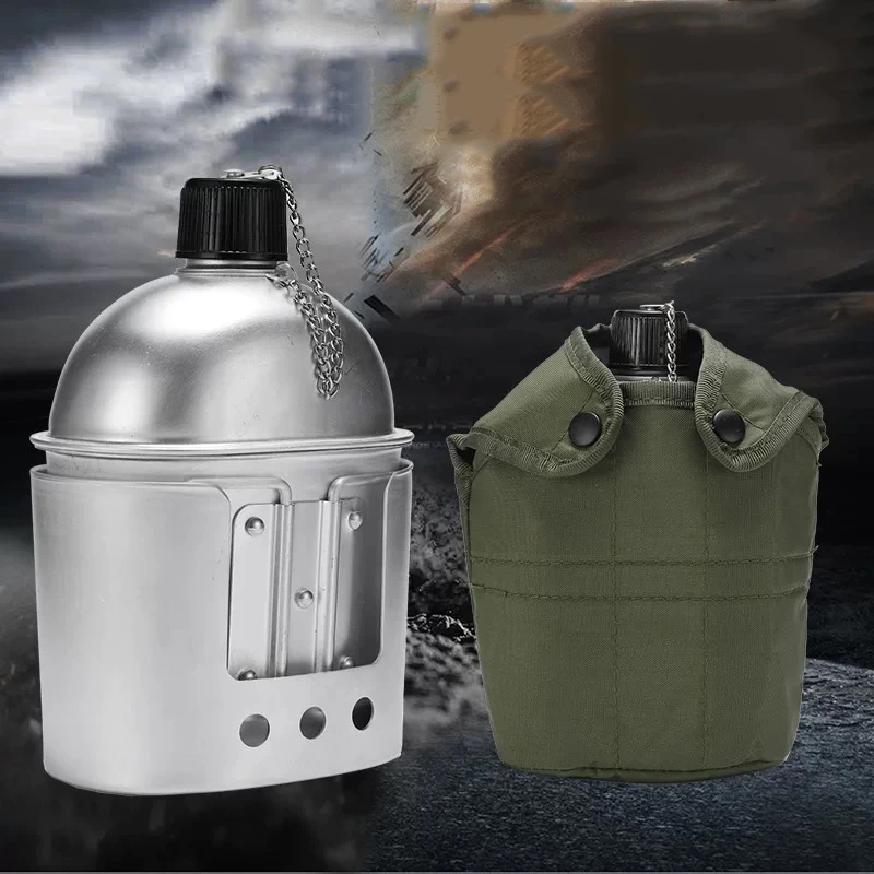 Aluminum Water Canteen Cup Stove Pouch Set Portable Military Canteen with Cup for Camping Survival  Hiking Backpacking