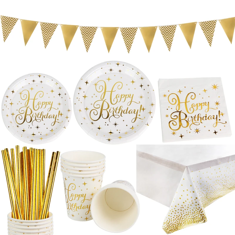 Happy Birthday Party Polka Dot Gold Disposable Cutlery Plates cup Kids Adult Birthday Party Decoration Baby Shower Supplies