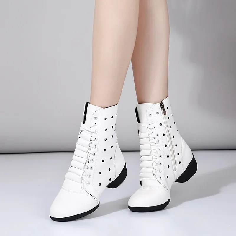 2024 Summer Hollow Jazz Boots Women 4CM Heels Modern Latin Jazz Ballroom Dance Shoes Ladies Mesh Soft Sole Dance Sports Boots