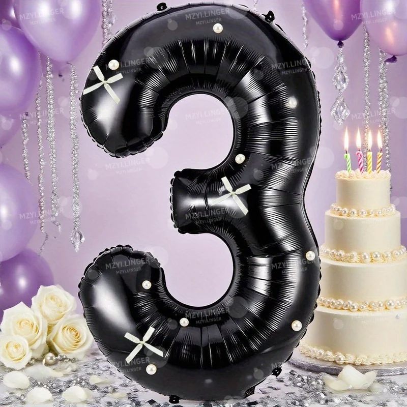 Schwarze digitale Ballons, kombiniert mit Schleifen und Perlen, zur Dekoration von Geburtstagsfeiern, Festlichkeiten und Jubiläen. – Detail 6