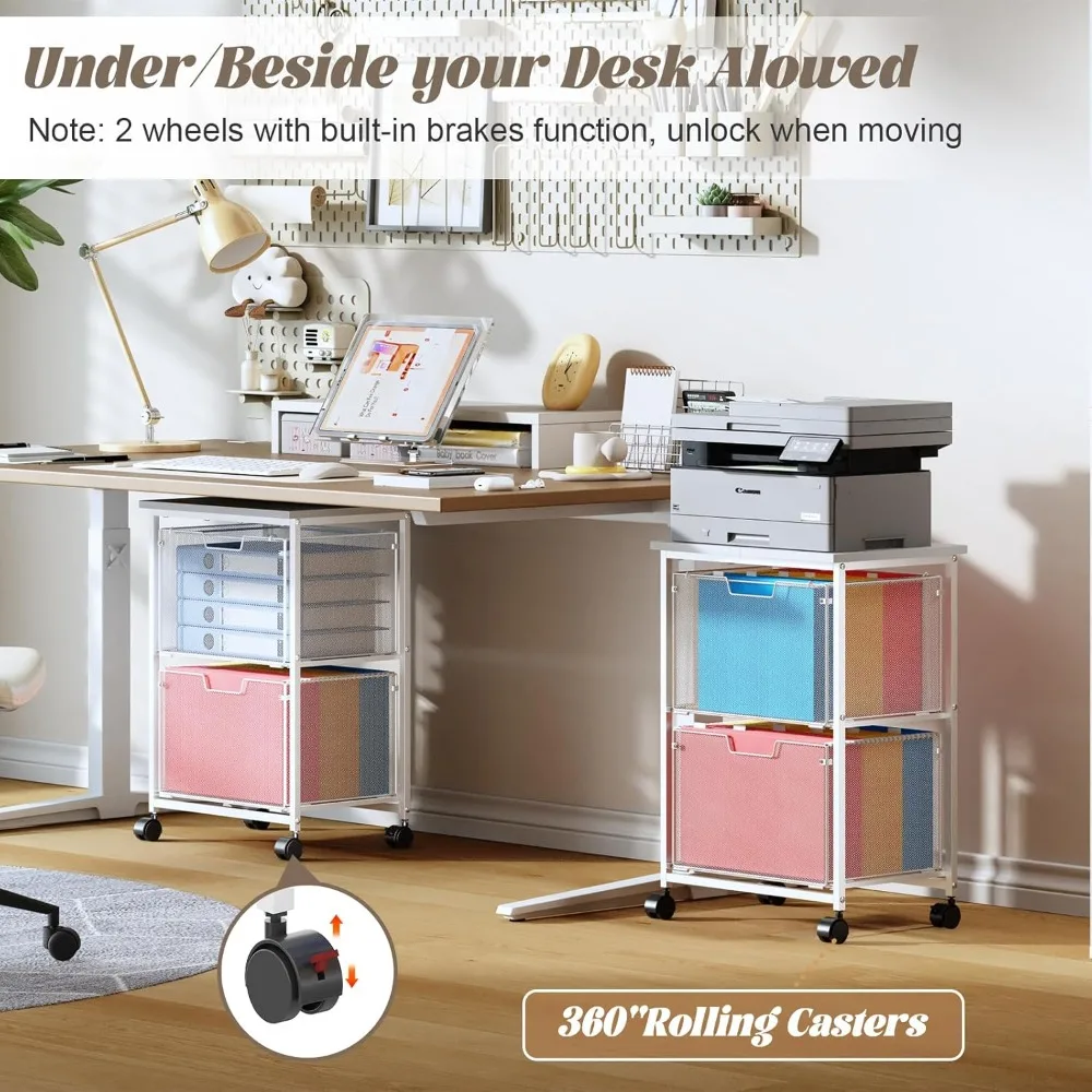 Mobile Rolling File Cabinet with 2 Drawers, Under Desk Storage Organizer for Home Office, White