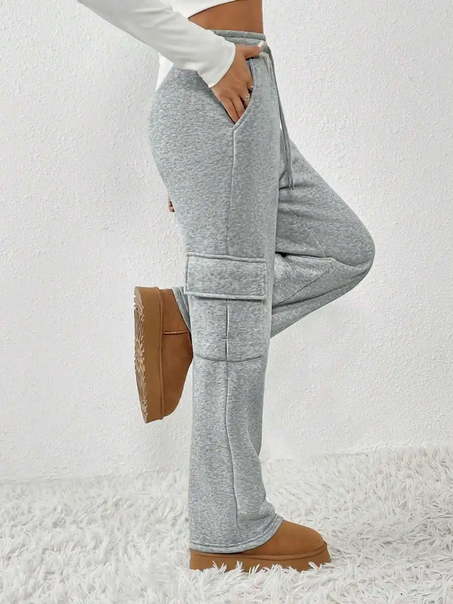 

Petite Grey Drawstring Waist Straight Leg Sweatpants with Slant & Flap Pockets