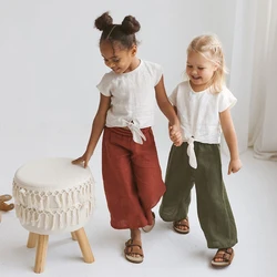 Retro Cotton And Linen Loose Wide-Legged Pants For Girls Summer New Children's Casual Elastic Waist Unisex Linen Trousers TZ422