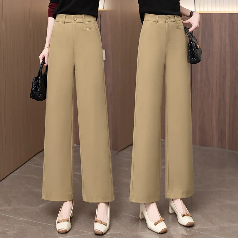 

Драпированные широкие брюки, женские прямые брюки, новые осенние свободные тонкие прямые брюки с высокой талией, утягивающие длинные брюки, повседневные брюки