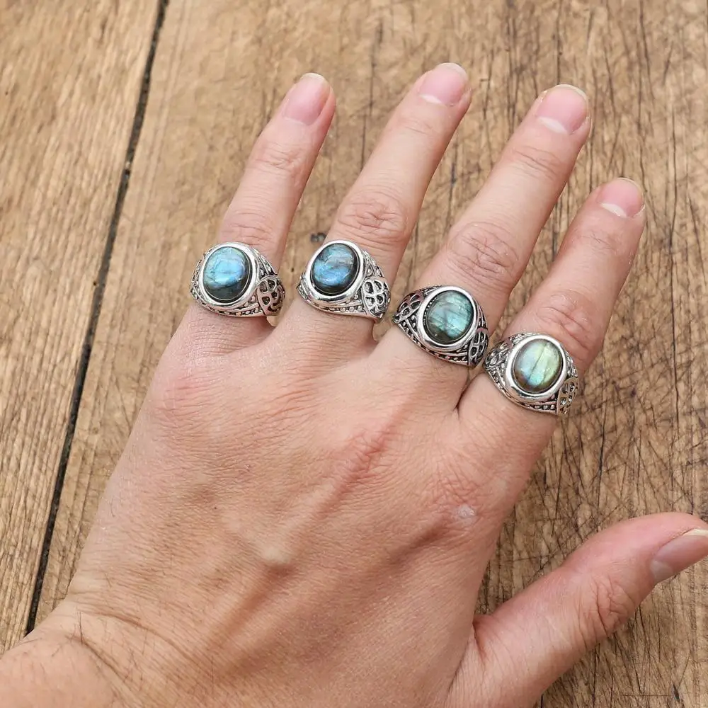 1 pcs Vintage Natural Stone Ring Antique Jewelry Labradorite Rings for Women Men Wedding Engagement Adjustable