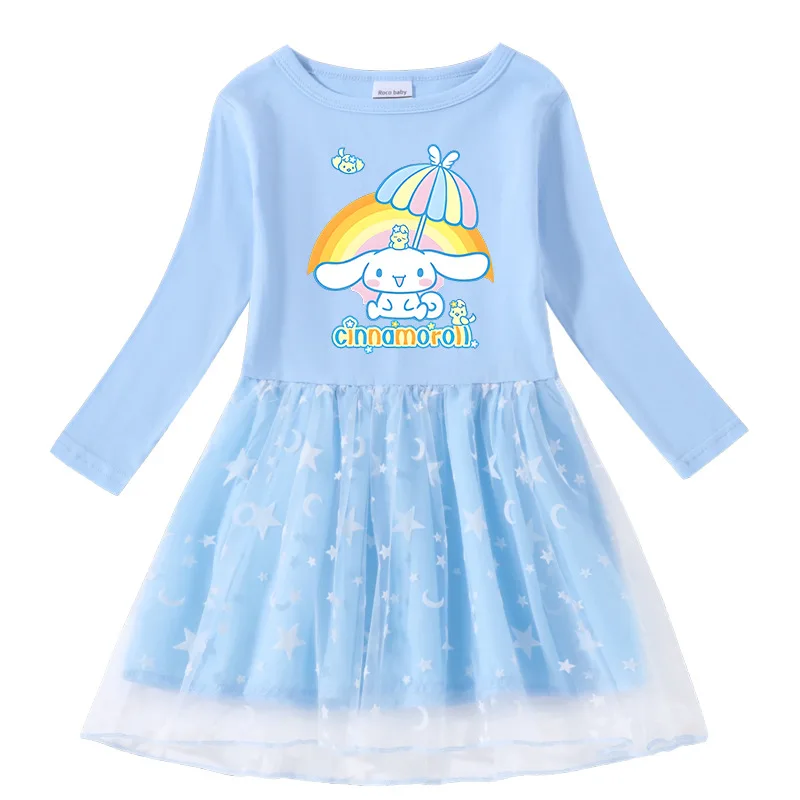 Sanrio  Cinnamon Dog Kawaii Spring and Autumn New Girls Cotton Printed Cartoon Stars and Moon Mesh Long Sleeve Princess Dress