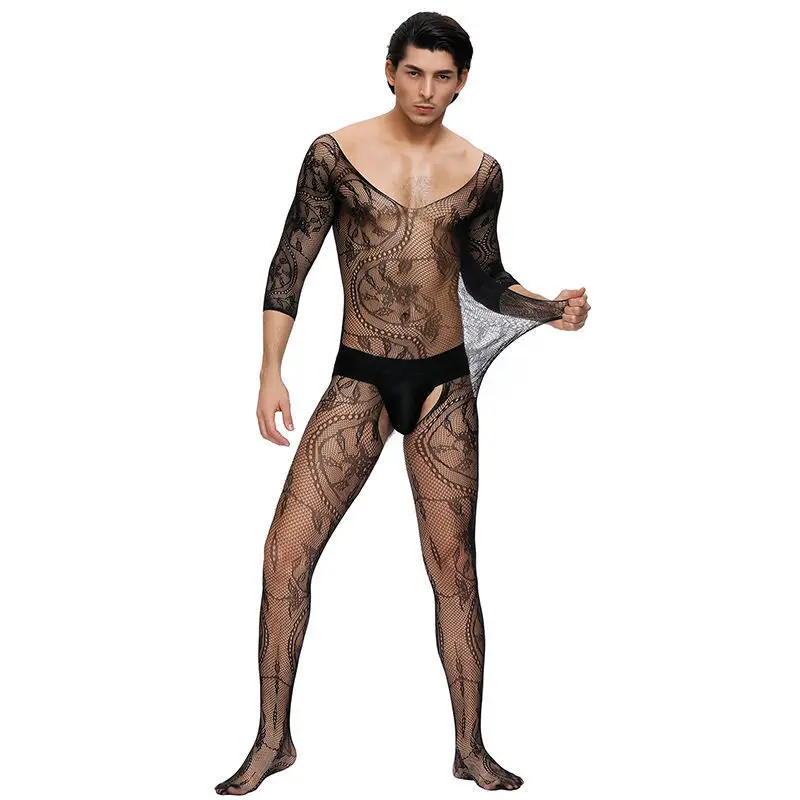 Men Sexy Crotchless Erotic Lingerie Porn Fishnet Mesh Bodysuit Gay Stretch Open Crotch Porn Teddy Hollow Out Bodystocking Fetish