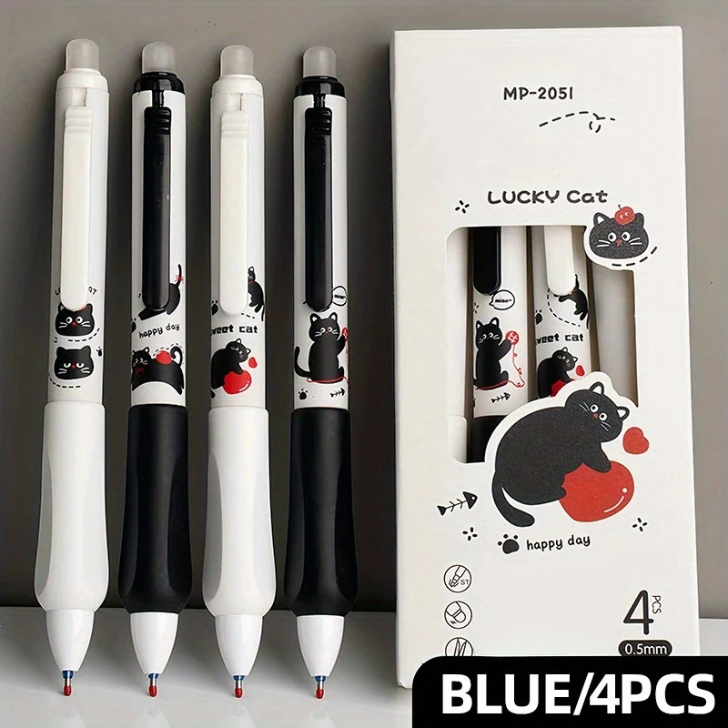 4-Pack Erasable Gel Pens Set – 0.5mm Fine Point, Blue Ink, Quick-Drying & Smooth, Cute Cat for Office, School, Journaling, Test