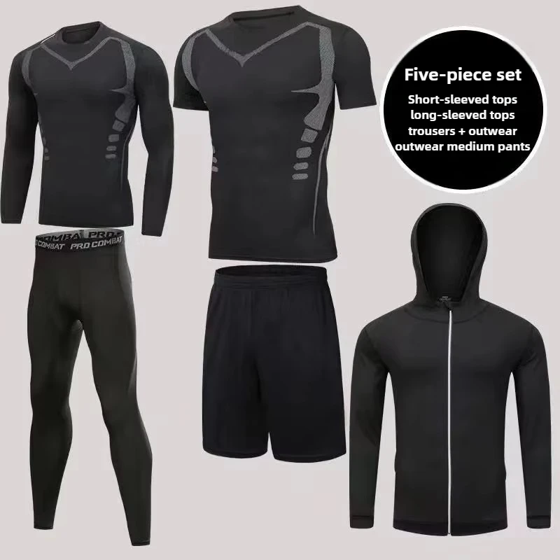 Set da allenamento da uomo ad asciugatura rapida da 5 pezzi: abbigliamento da palestra a compressione per corsa, allenamento e basket