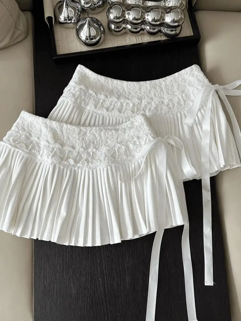 

Весенняя универсальная плиссированная юбка-кейк в стиле Pure Desire для девушек, большие размеры, с кружевными вставками, короткая, средней длины