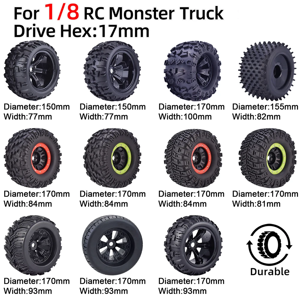 170MM 155MM 150MM Tyre Weel Monster Truck Tires Wheels 17mm Hub Hex for 1/8 RC Car HSP HPI Redcat Traxxas Trx4