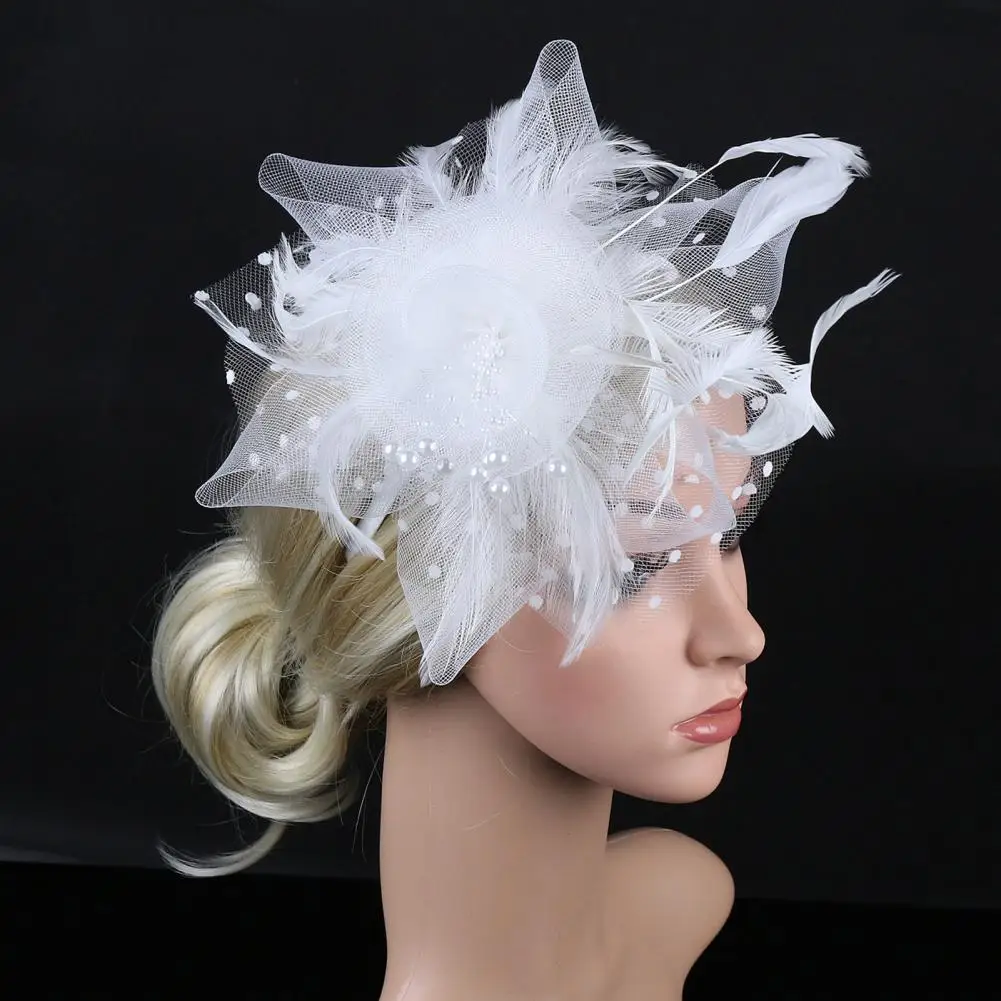 Fascinator Hat Imitation Pearls Decor Sweet Vintage Headgear with Headband Faux Feather Flower Mesh Shape Party Headgear