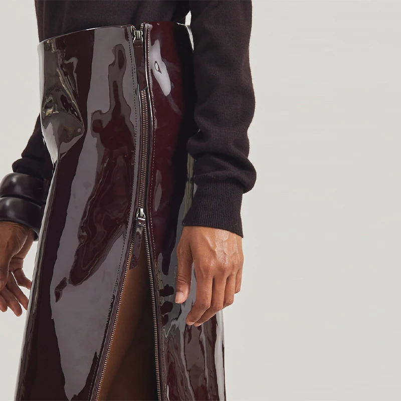 Women Trendy Patent Leather Long Skirt Retro High Waist Side Slit Dress New Lady High Quality Dresses High Street Commute Outfit