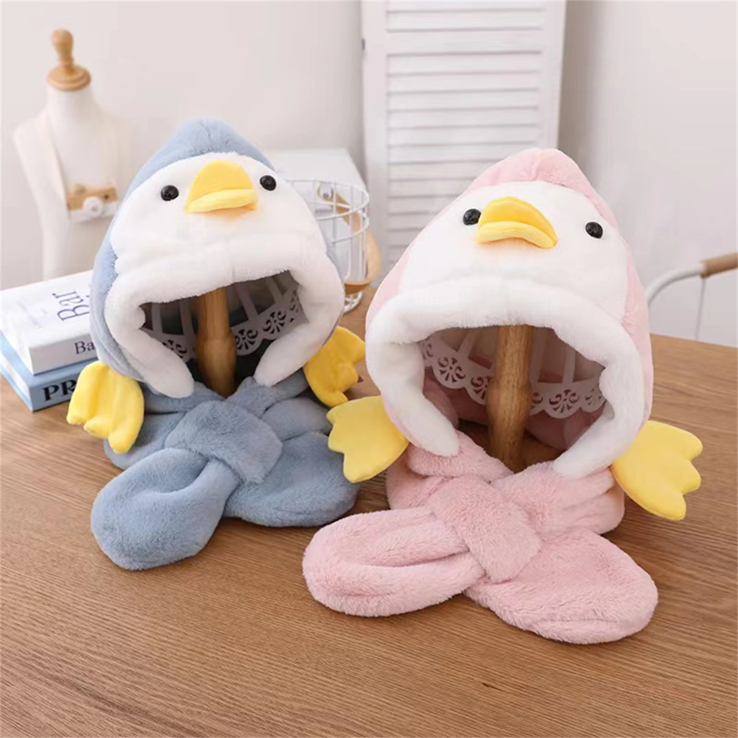 Winter Children\'s Hat Scarf One Piece Set Cute Cartoon Little Yellow Duck Plush Cover Warm Boys and Girls Head Hat