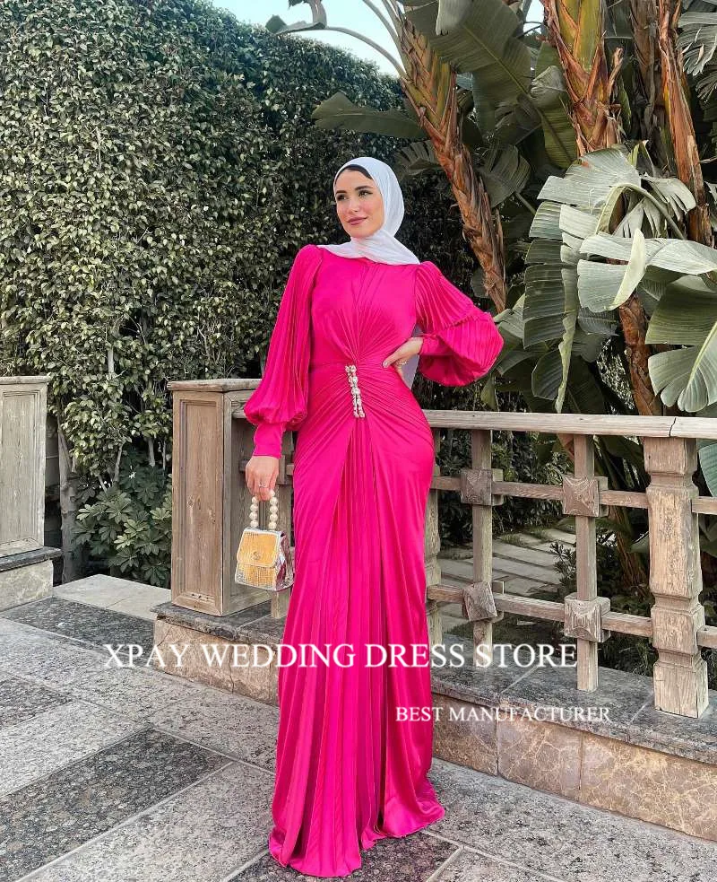 XPAY Modest Fuschia Muslim Arabic Women Evening Dresses Long Sleeves O-Neck Dubai Formal Occasion Party Dress Wedding Guest