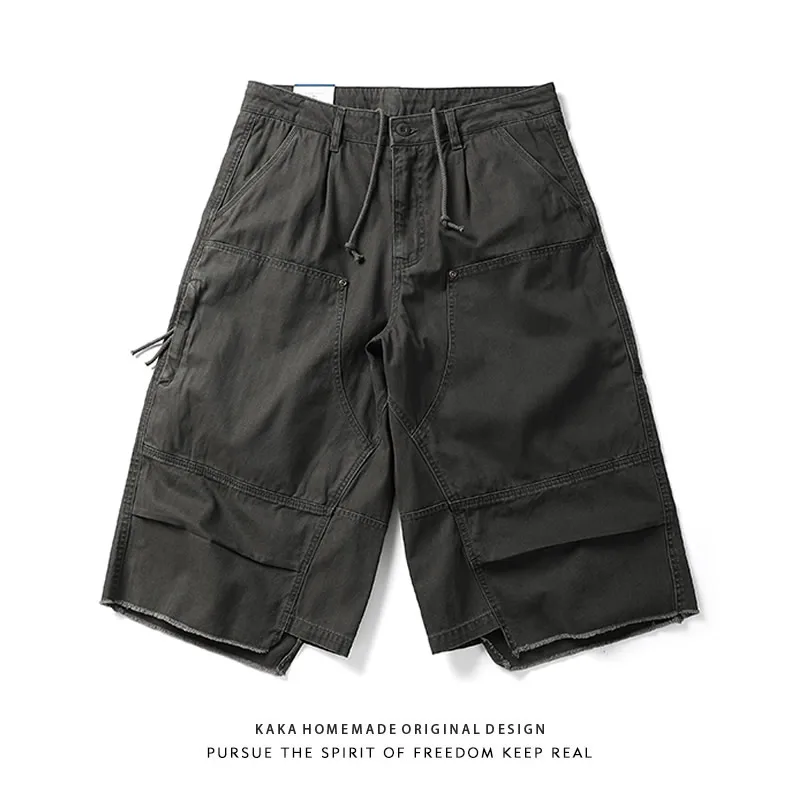 

Retro Japanese Streetwear Loose Fit Cotton Workwear Shorts Men's Summer High Street Casual Washed Straight Leg Seven-Foot Pants