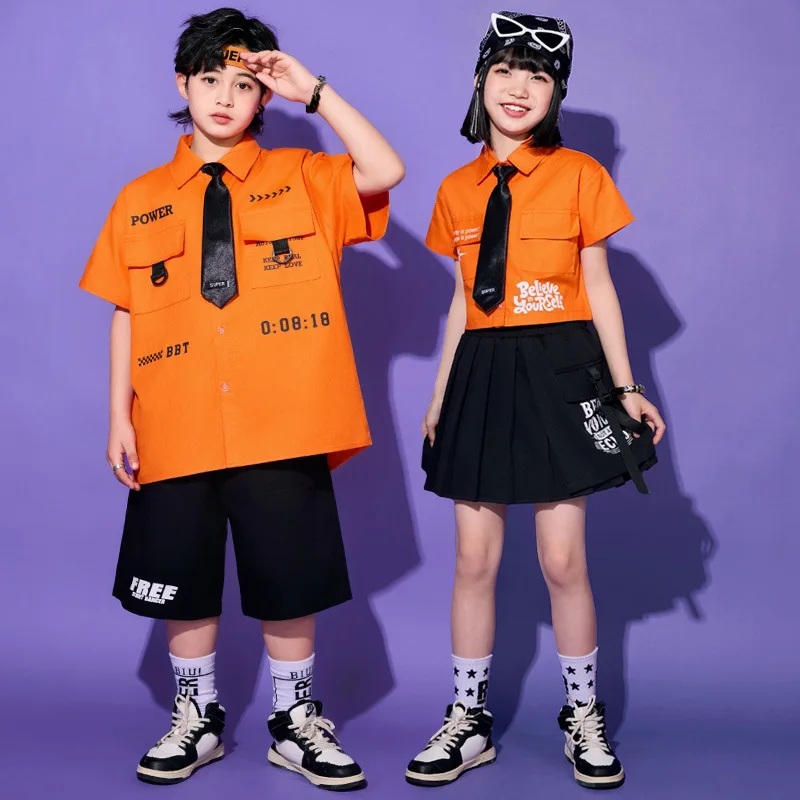 

Kid Kpop Hip Hop Clothing Orange Crop Shirt Top Black Casual Shorts Strap Pleated Skirt for Girl Boy Jazz Dance Costume Clothes