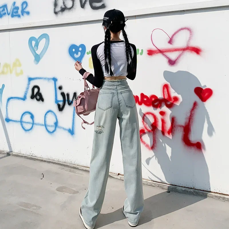 Moda Niebieskie Jeansy Ripped Kobiety 2025 Lato Korea Y2K Nowe Wszechstronne Denimowe Spodnie z Szeroką Nogawką Wysoka Talia Cienkie Luźne Spodnie Casualowe